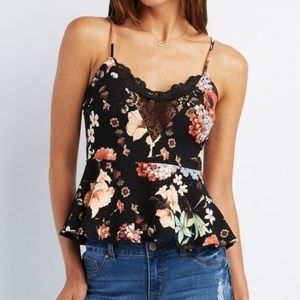 Black Floral & Lace Peplum Crop Tank Top M